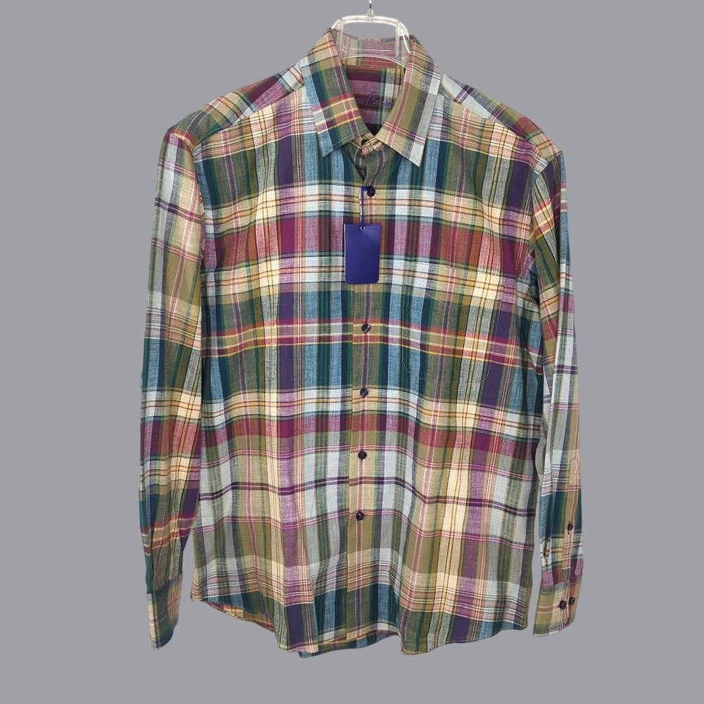Alan Flusser Button Down Medium Plaid Green NWT
